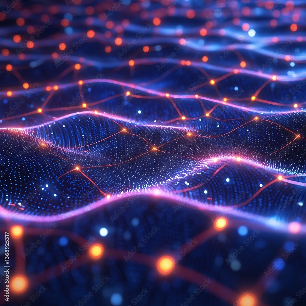 Poster abstract network of interconnected points, glowing with vibrant light. a wave-like pattern of data p