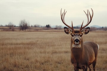Obraz premium A majestic buck standing in a field of dry grass with trees in the distant background on a cloudy day
