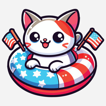 Playful patriotic cat with rubber circle and American flag. Funny holiday Independence Day cartoon kawaii character.