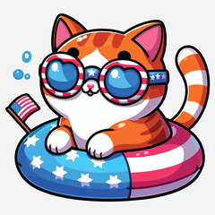 Playful patriotic cat with rubber circle and American flag. Funny holiday Independence Day cartoon kawaii character.