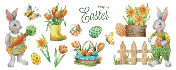 Cute Easter set. Spring collection of bunny, flowers, easter eggs and decorations. For poster, card, scrapbooking , stickers. Collection of Cute Easter-Themed Watercolor Illustrations.