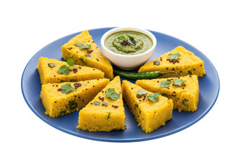 A blue plate with triangular slices of khaman dhokla isolated on transparent background