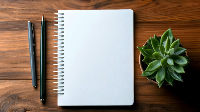 Blank Spiral Notebook with Pens and Succulent on Wooden Desk