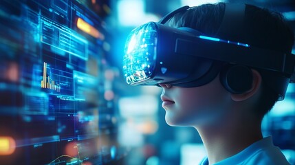 Fototapeta premium Student Using VR Headset with AI & Machine Learning: A New Era of Education