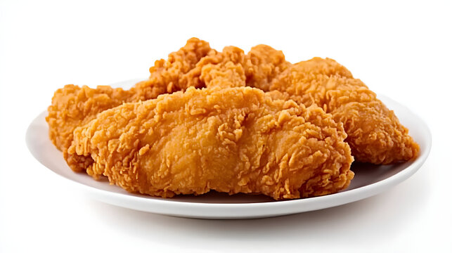 A plate of fried chicken fillet on a white background, isolated, close-up, side view, food photograph