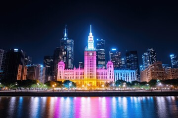 Obraz premium Vibrant city skyline at night, illuminated architectural landmark by a river
