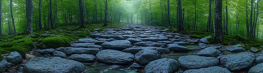 Naklejka premium A stone path winds through a lush green forest scene