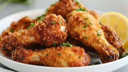 A plate of golden-brown, deep-fried chicken drumsticks with lemon and herbs on the side. 