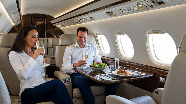 Elegant couple enjoying gourmet meal and champagne in luxurious private jet interior