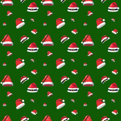 Seamless vector pattern of red Santa Claus hats on green background.