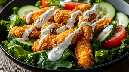 A salad with mixed greens, cucumber and tomato slices, topped with air-fried chicken strips covered in ranch dressing, in a black bowl on a wooden table, close-up food photography.