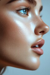 Close-up of a youthful face with smooth skin and striking blue eyes, highlighting natural beauty and soft features