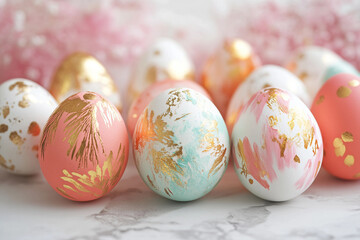 Fototapeta premium Elegant Pastel Colored Easter Eggs with Delicate Brushstrokes in a Soft Holiday Spring Theme, Generative AI