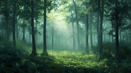 Obraz premium Dew-kissed forest floor, misty veil lifts slowly, trees, nature. Dew-Kissed Veil. Illustration