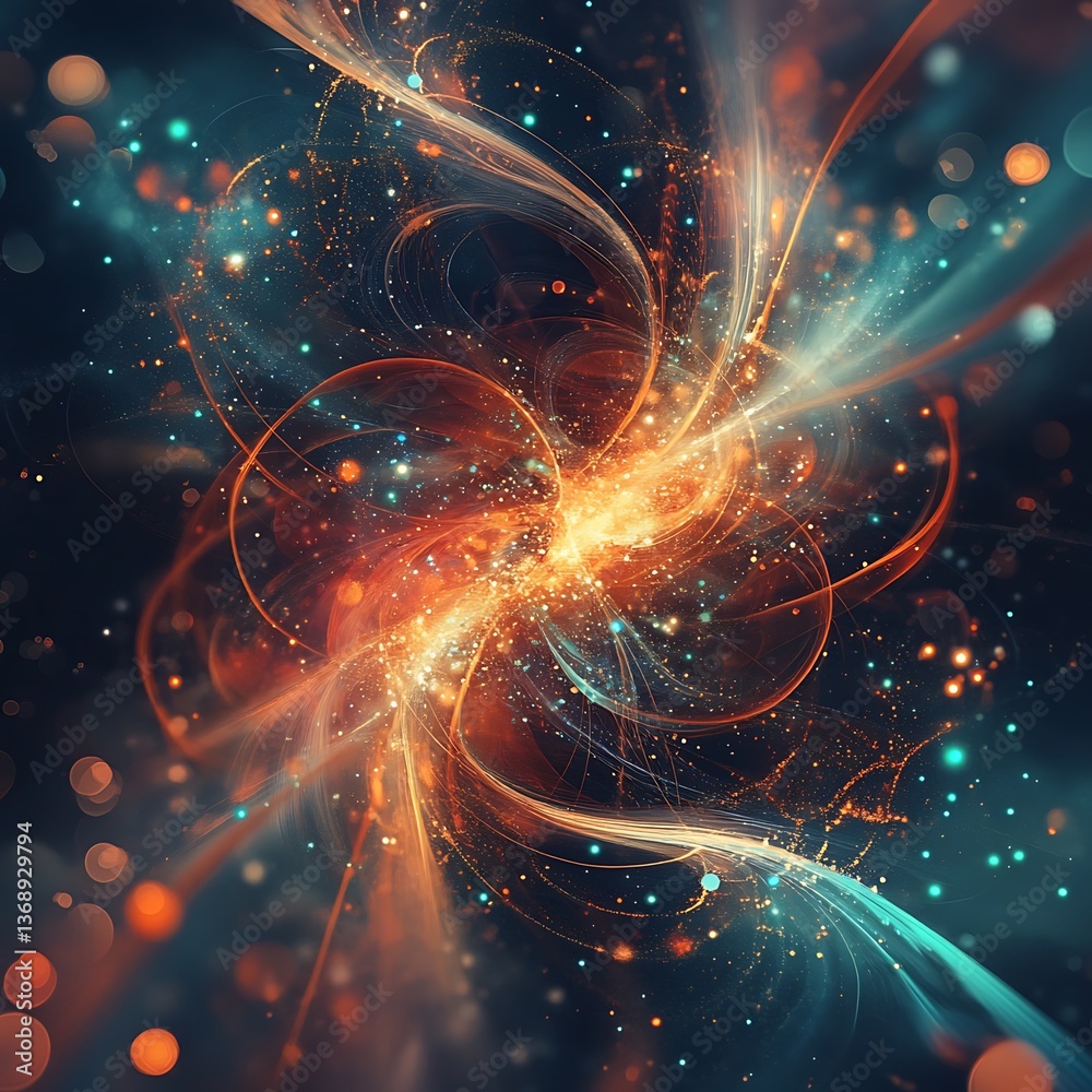 Poster abstract swirling fractal design with vibrant colors and shimmering particles. intricate patterns of