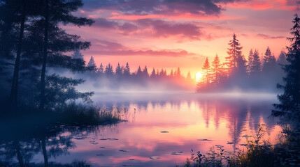 Dew-kissed forest lake at sunrise with misty veil, trees, sunrise. Dew-Kissed Veil. Illustration