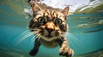 Obraz premium underwater close up of swimming funny cat at summer
