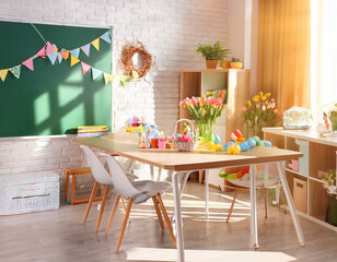 Classroom setting decorated with spring decor and Easter decorations with pastel colors and festive atmosphere.
