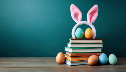 A playful Easter scene features eggs and bunny ears on books, celebrating the spring holiday and school break or vacation