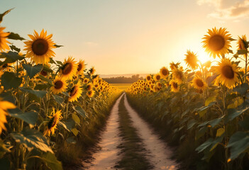 Sunlit Path Through Blooming Sunflower Field at Sunset.