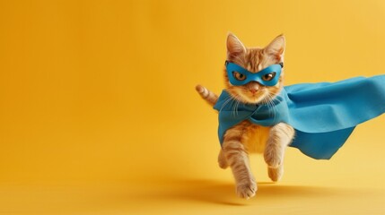 superhero cute red kitten on plain studio background