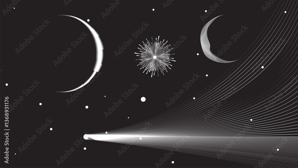 Wall mural star and moon and comet in outer space. futuristic landscape, with lines texture . space landscape w