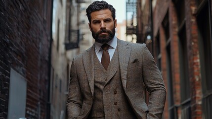 Fototapeta premium Man in suit, urban alley, confident pose, fashion