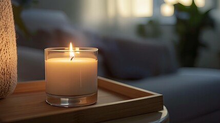 Cozy home decor scented candle flame burning relaxation spa ambience