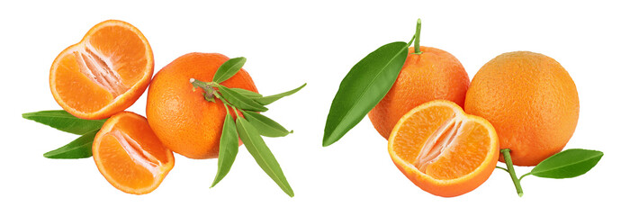 Tangerine or clementine with green leaf isolated on white background with full depth of field. Top view. Flat lay