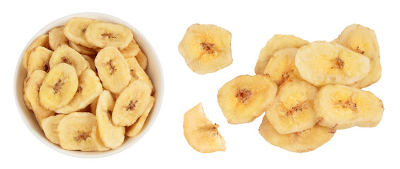 Dried banana chips in ceramic bowl isolated on white background with full depth of field. Top view. Flat lay © kolesnikovserg