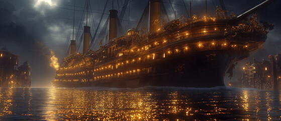Glowing Ship in Night Harbor