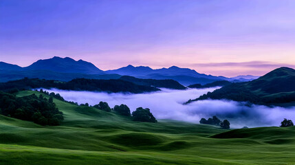Serene sunrise over misty valley and rolling green hills, purple sky