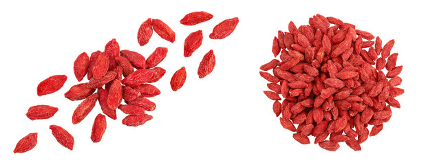 Dried goji berries isolated on white background. Top view with copy space for your text. Flat lay.