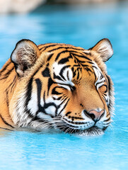 Obraz premium Serene tiger partially submerged in clear blue water, eyes closed