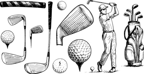 set of Golf sketch set. Sports tools vector illustration. Hand drawn vintage style, isolated
