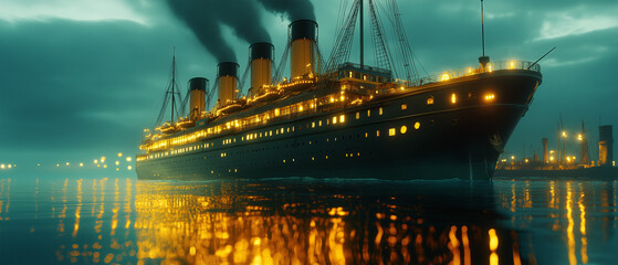 Glowing Ship in Night Harbor