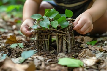 Kid playing and building miniature house with twigs and leaves in the forest, enjoying nature and learning about environment