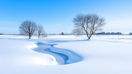 Serene winter landscape snow-covered field, meandering stream, and bare trees under a clear blue sky