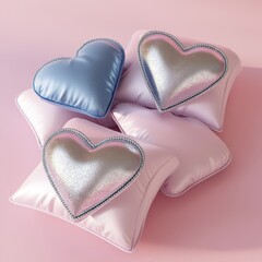 Fototapeta premium Pastel pillows with heart shapes in silver and blue colors stacked on a pink background surface