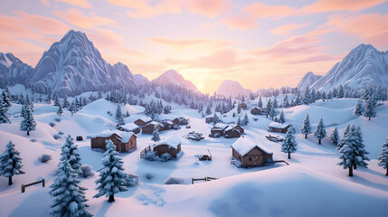 Serene winter village nestled in snow-covered mountains at sunset