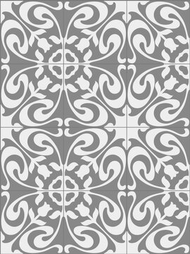 Hydraulic tile. Art Nouveau style in gray and white. Floral design in ceramic.