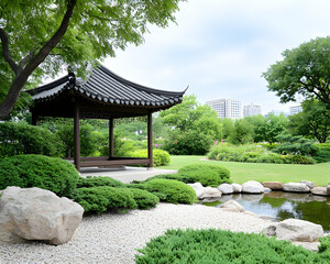 Serene Asian-style gazebo in a landscaped garden with pond