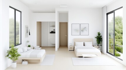 Modern, minimalist bedroom with natural light and neutral tones