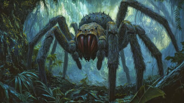 Giant spider in misty jungle