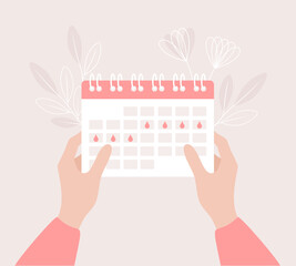 Female hands holding period calendar with marked menstruation days, flat vector illustration