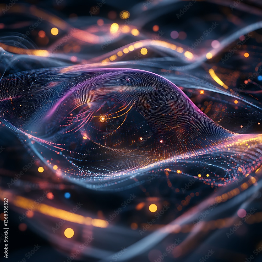 Fototapete Abstract digital wave formations with glowing particles.  A dynamic display of swirling, interconnected data points and light, creating a mesmerizing visual experience.  