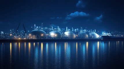 An illuminated LNG terminal reflects in still water during a quiet night. Could illustrate articles about energy, industry, or global economy issues.