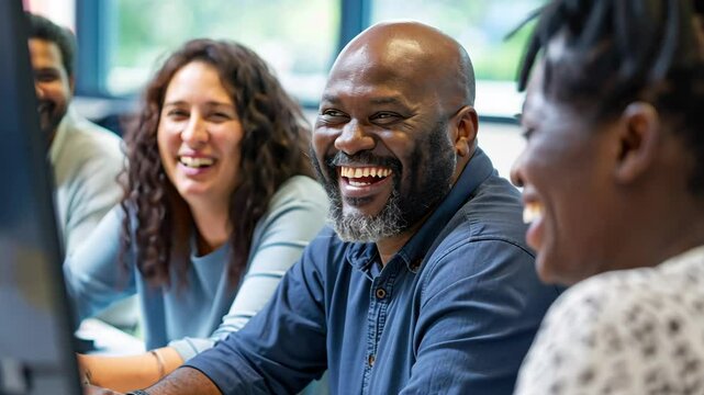 A group of diverse people are laughing together while looking at a computer screen.
Concept of: Inclusive workplace.