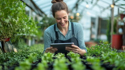 A delighted female farm owner utilizes a tablet while tending to seedlings in an organic nursery, incorporating technology to enhance greenhouse farming