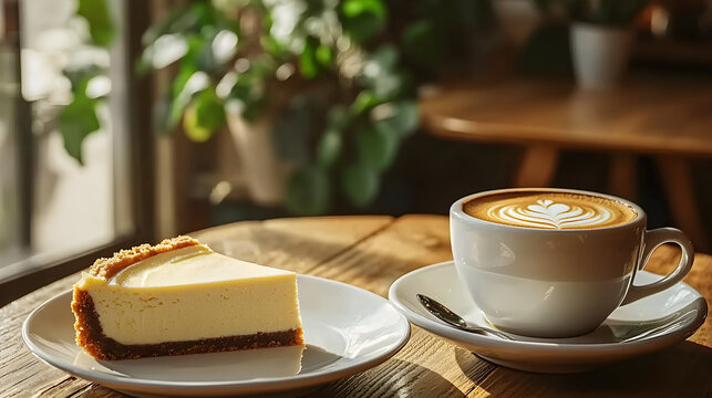 A slice of New York-style cheesecake on an elegant plate, placed beside a cup of coffee in a cozy cafee setting with natural light streaming through the window.